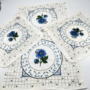 Mid Century Cotton Kitchen Towels White Royal Blue Floral x3 Kmart Vintage Tags